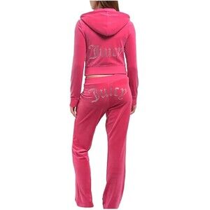 JUICY COUTURE Large Watermelon Red Velour 2 Pc Tracksuit w Rhinestones Y2K